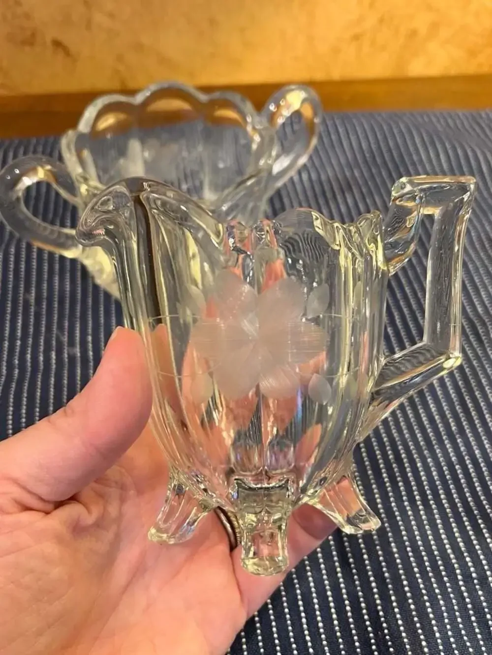 Vintage Etched Floral Indiana Glass Footed Sugar and Creamer Set